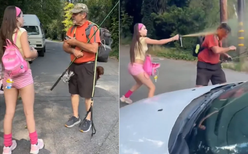 Fisherman harassing girls in the woods gets BEAR MACED