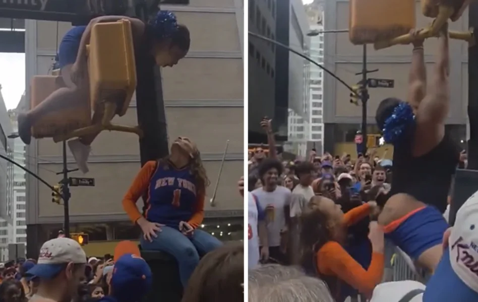 Two female Knicks fans fighting and twerking