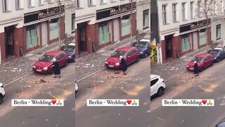 Elderly German woman cleaning after it got trashed on NYE