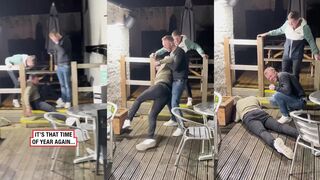 drunk guys keep slipping on ice, can't stop laughing