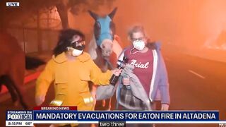 News anchor interrupts people with horses trying to escape wildfires