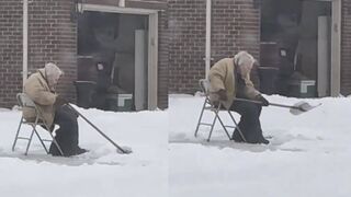 Woman records old man shoveling snow instead of helping him