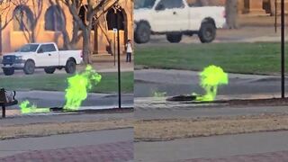 Green flames bursting out of manhole at Texas Tech campus in Lubboc