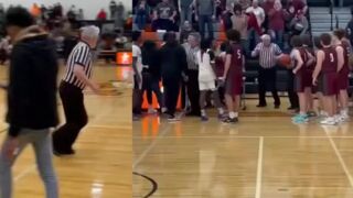 Coach and players throw trash at basketball referee after playoff loss