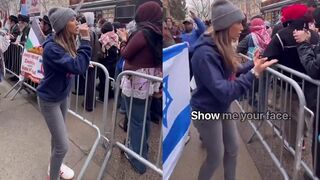 "Show your faces!" - woman confronts protesters