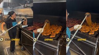 Woman MOPS the food on her grill