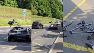 Cyclist crashes FACE FIRST into DeLorean