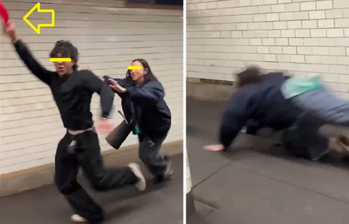 Woman falls on her face chasing guy in MAGA hat