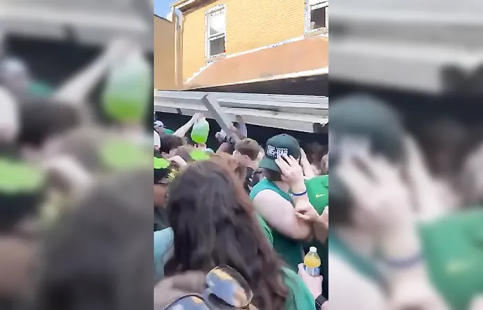 A porch roof collapses during a St. Patrick’s Day celebration in Pittsburgh