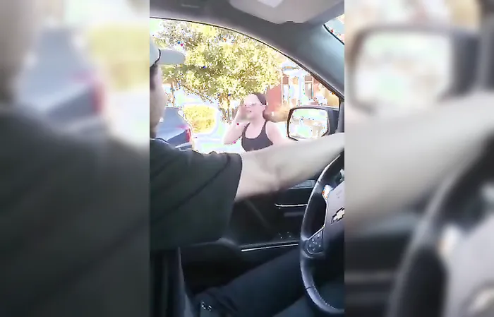 Crazy Karen has GAS PUMP hanging out of her car