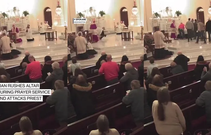 Guy bulrushes altar during prayer service, attacks priest