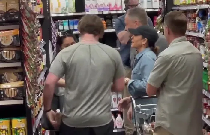 Doug and Kamala shopping with plastic bags, the same ones Democrats tell us to ban