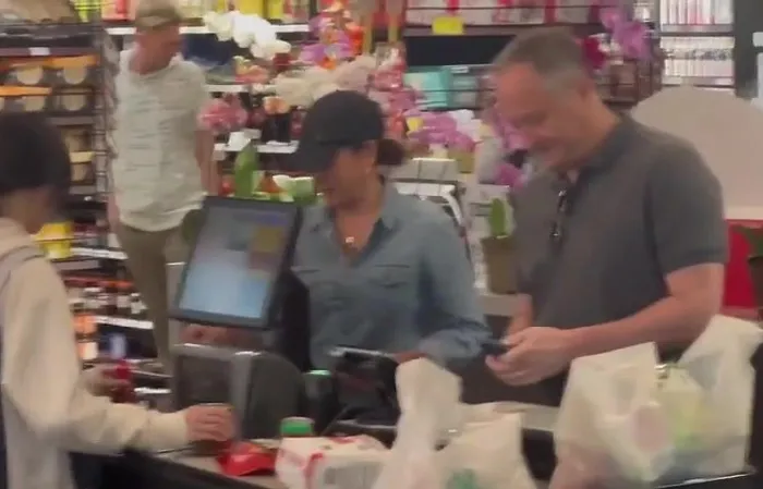 Doug and Kamala shopping with plastic bags, the same ones Democrats tell us to ban
