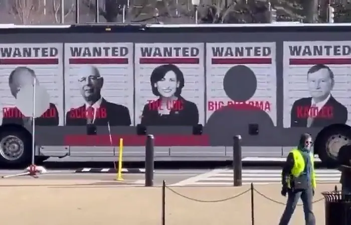 Bus has 'WANTED' posters of Bill Gates, Fauci, Schwab, and others