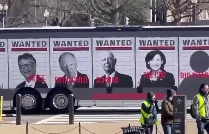Bus has 'WANTED' posters of Bill Gates, Fauci, Schwab, and others