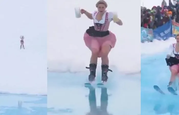 Woman goes skiing with two giant beer mugs