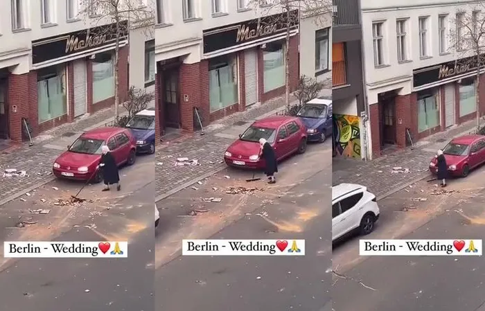Elderly German woman cleaning after it got trashed on NYE