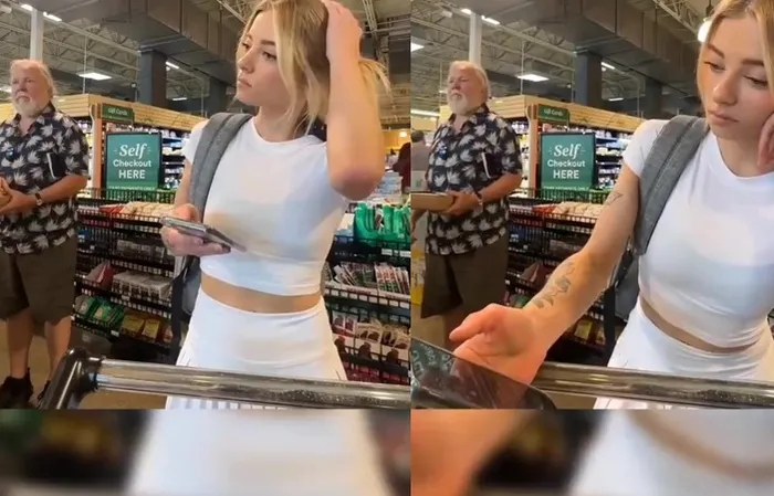 Woman at self-checkout tries making man look bad, learns a tough lesson