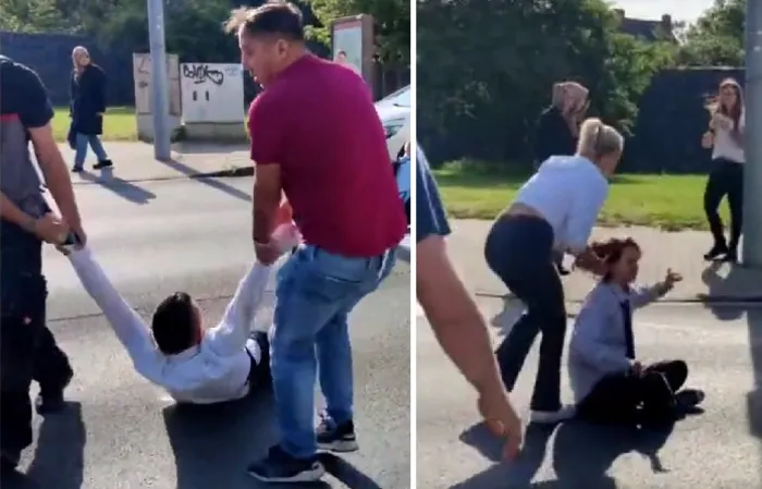Fed up people throw protesters out of the street, drag by the hair