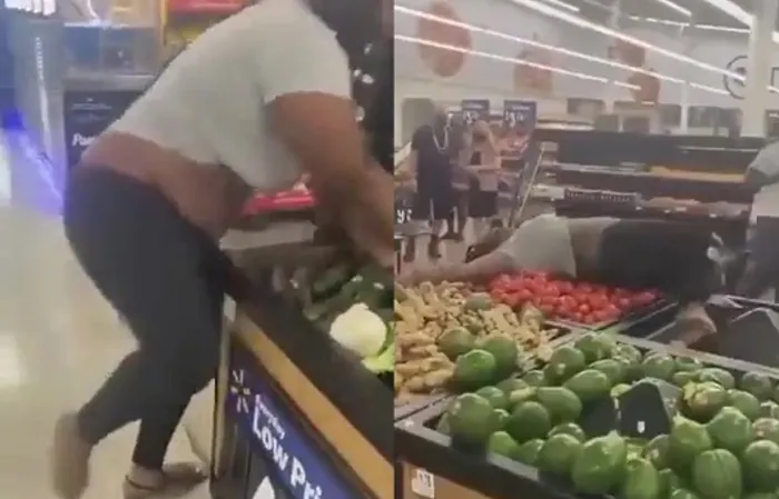 Big girl climbs all over the veggies in Walmart, cops get called