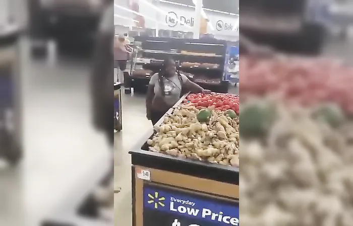 Big girl climbs all over the veggies in Walmart, cops get called