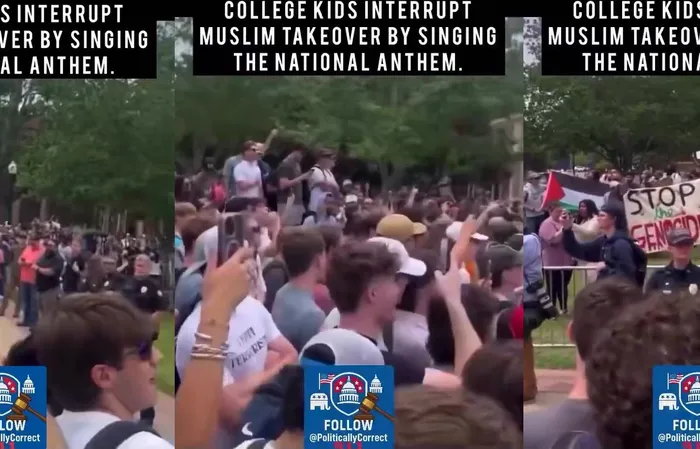 College kids interrupt Muslim Takeover by singing the National Anthem