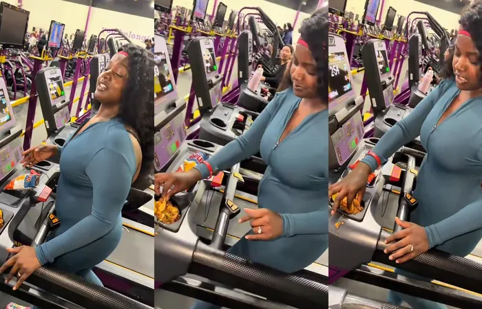 Big Back eating dip out of the treadmill like a slob