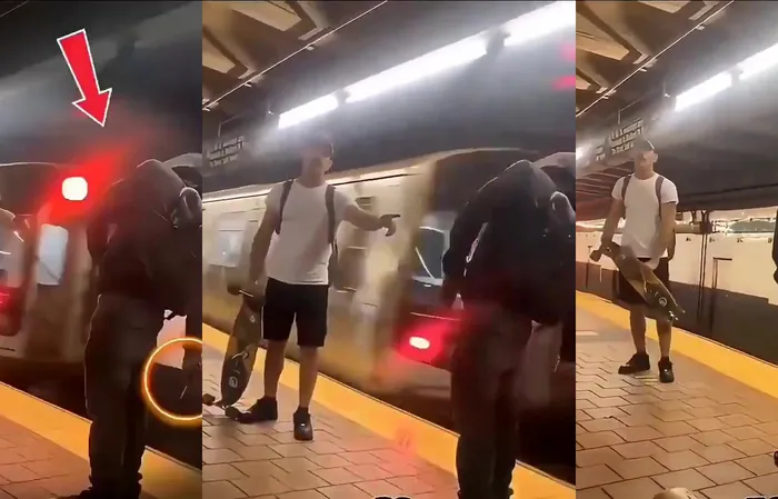 Thug with knife gets SKATEBOARD to the FACE