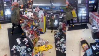 Woman trashes store after getting caught stealing, doesn't realize she is LOCKED IN