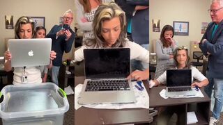 Woman ruins a MacBook by dipping it in water for a vinyl skin