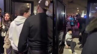 Bouncer pushes dude THROUGHT the door