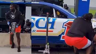 Former NFL linebacker Marshall McFadden as a NASCAR jackman