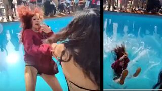 Girl throws her bestie into the pool outta nowhere