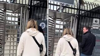 Kid playing with revolving gate accidentally goes to Canada