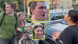Liberals blocking traffic laugh at woman trying to go to work