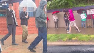 Person drives by anti-ICE protest playing Vanilla Ice song