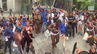 Diddy supporters CELEBRATE outside courthouse by pouring baby oil on each other