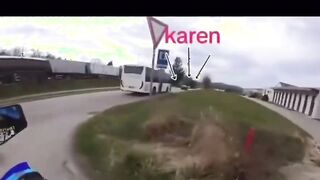 Clown Car Karen chases guy on a bike