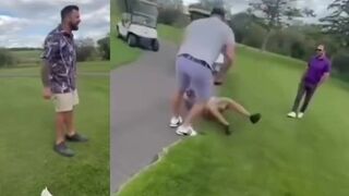 Dude gets THROWN INTO THE LAKE during golf fight