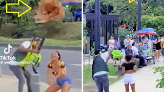 Guy blows wigs off with leaf blower