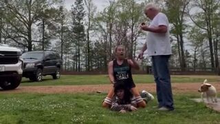 Woman gets her a** beat so bad, they stop to take a break