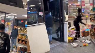 Thugs destroy store when worker tries to calm things down