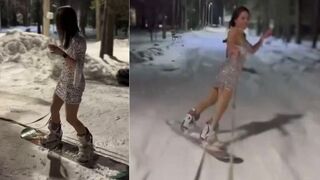 snowboarding in a glittery miniskirt