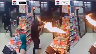 Robber walks in with a machete, and the cashier responds with a flamethrower