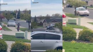 Psycho lady tries running over kid on bike