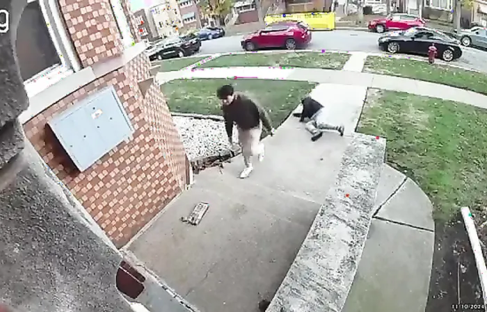 Nick Fuentes maces lady, then shoves her down a few steps