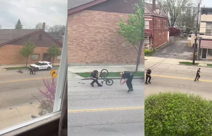 Guy escapes fight with cop, rides away on bicycle