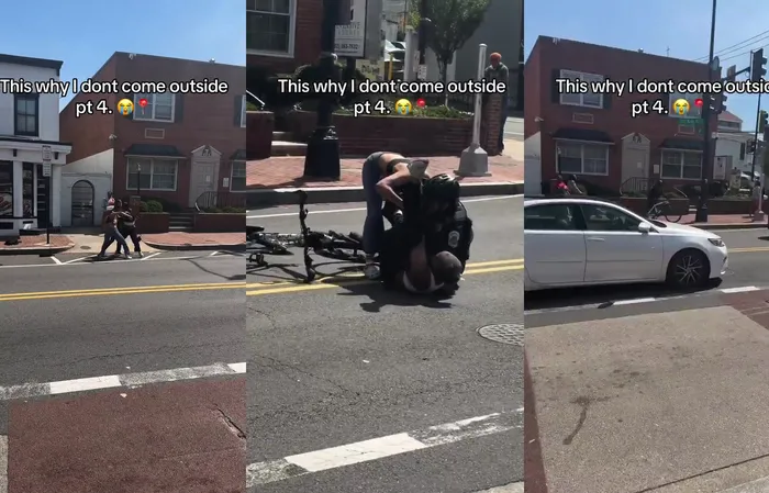 Cop rides bicycle into a fist fight face first, takes them both on