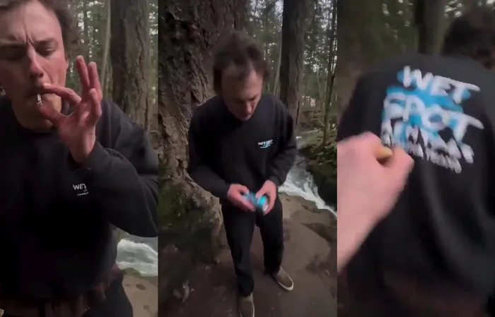 Bro hits a splif, chugs a beer, lights himself on fire and flips into waterfall