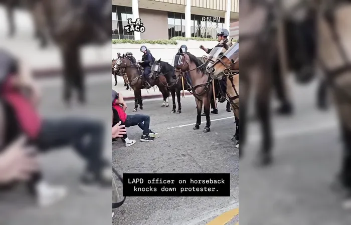 No Kings protestor KICKED to the ground by a HORSE